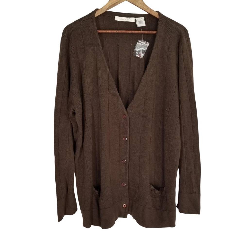 Roamans Brown Ribbed Button V Neck Cardigan Sweater Pockets Women 1X Cobain‎
